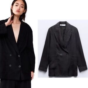 ZARA Relaxed Linen Cotton Blazer Oversized Casual Limited Edition Black Sz. S